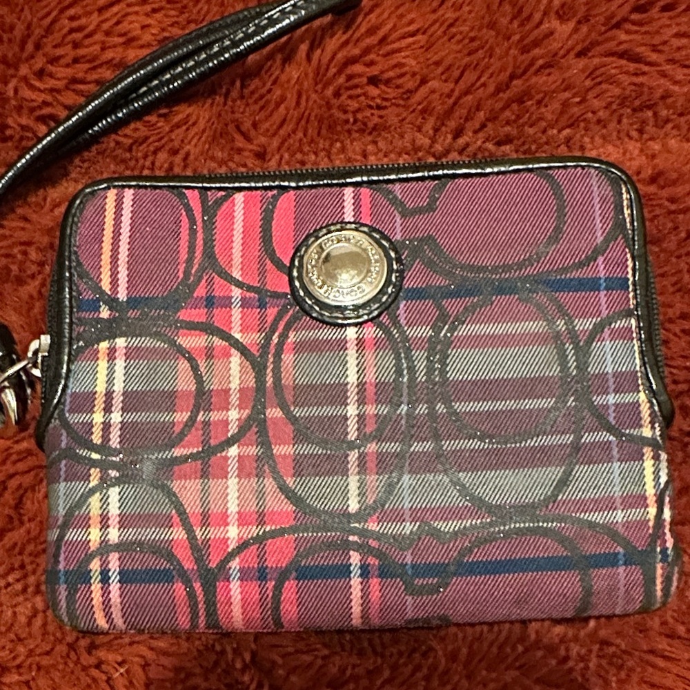 Coach Signature Plaid Wristlet - Pink and Black